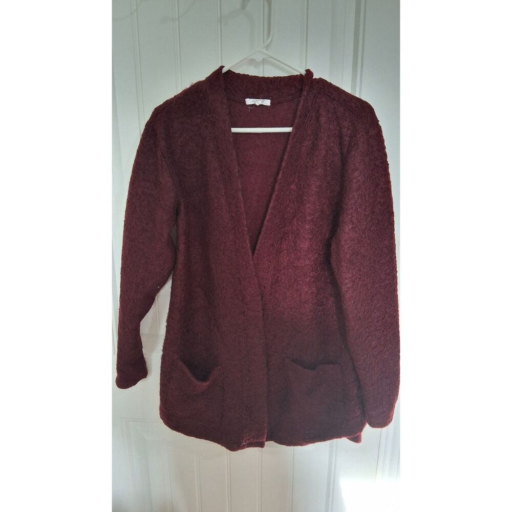 Maurices Women’s Large Burgundy Front Fuzzy Cardigan Sweater Longline Pockets